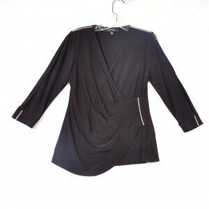 R & M Richards Women's Size 6 Blouse Black Rhinestone Trim Mock Wrap Cold Arm